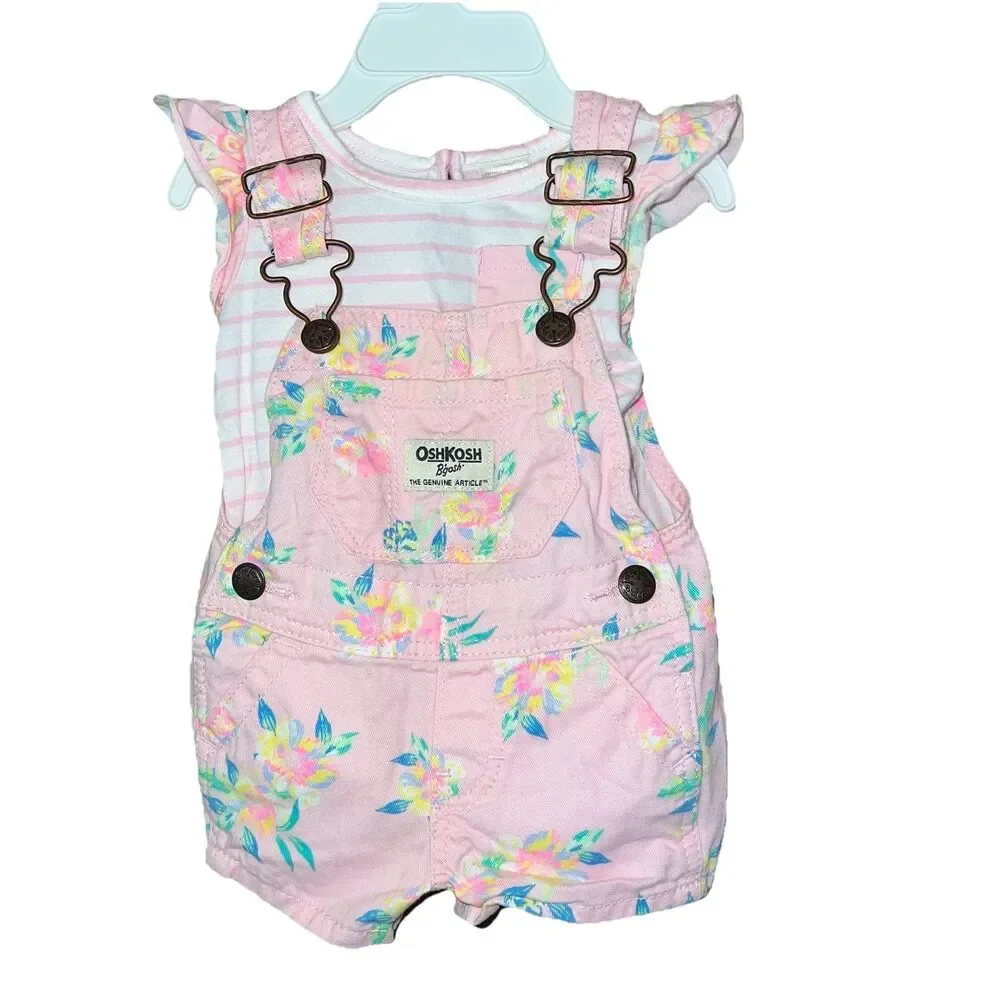 OshKosh B'gosh Baby Pink Floral Matching Set Size 3 Months Shortalls Snaps